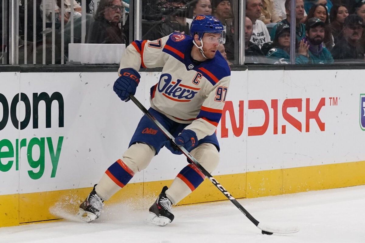 Oct 10, 2026; San Jose, California, USA;  Edmonton Oilers center Connor McDavid (97) looks to pass against the San Jose Sharks in the first period at SAP Center in San Jose.  Mandatory Credit: David Gonzales-Imagn Images