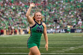 Oct 10, 2026; South Bend, Indiana, USA;  Notre Dame Fighting Irish cheerleaders perform against the Stanford Cardinal during the first half at Notre Dame Stadium.  Mandatory Credit: Michael Caterina-Imagn Images