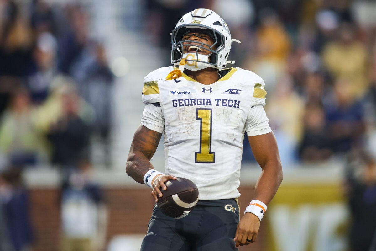 Oct 10, 2026; Atlanta, Georgia, USA; Georgia Tech Yellow Jackets running back Trelain Maddox (1) celebrates after a touchdown against the Duke Blue Devils in the fourth quarter at Bobby Dodd Stadium at Hyundai Field. Mandatory Credit: Brett Davis-Imagn Images