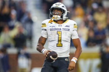 Oct 10, 2026; Atlanta, Georgia, USA; Georgia Tech Yellow Jackets running back Trelain Maddox (1) celebrates after a touchdown against the Duke Blue Devils in the fourth quarter at Bobby Dodd Stadium at Hyundai Field. Mandatory Credit: Brett Davis-Imagn Images