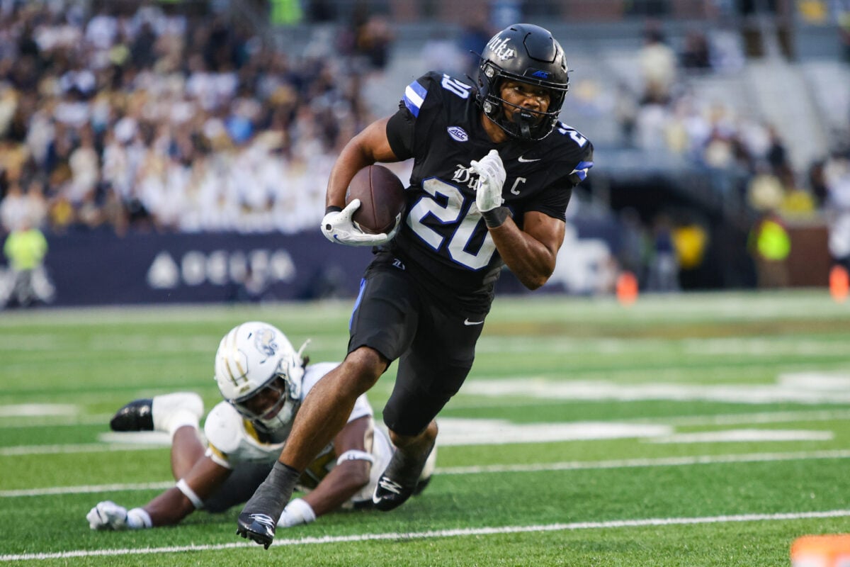 Oct 10, 2026; Atlanta, Georgia, USA; Duke Blue Devils running back Nate Sheppard (20) runs the ball for a touchdown against the Georgia Tech Yellow Jackets in the fourth quarter at Bobby Dodd Stadium at Hyundai Field. Mandatory Credit: Brett Davis-Imagn Images