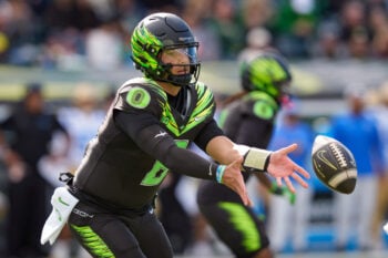 Oregon quarterback Dylan Raiola passes off the ball as the Oregon Ducks host the UCLA Bruins on Oct. 10, 2026, at Autzen Stadium in Eugene, Oregon.