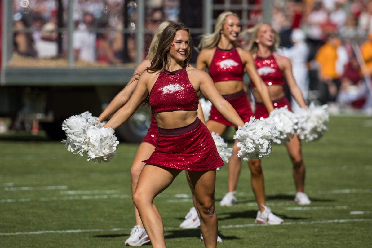 Oct 10, 2026; Fayetteville, Arkansas, USA;  Arkansas Razorbacks cheerleaders cheer before the game against the Tennessee Volunteers at Donald W. Reynolds Razorback Stadium.  Mandatory Credit: Brett Rojo-Imagn Images