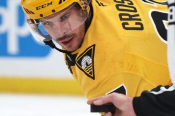 Oct 10, 2026; Pittsburgh, Pennsylvania, USA;  Pittsburgh Penguins center Sidney Crosby (87) waits for the puck drop on a face-off against the Dallas Stars during the second period at PPG Paints Arena.  Mandatory Credit: Charles LeClaire-Imagn Images