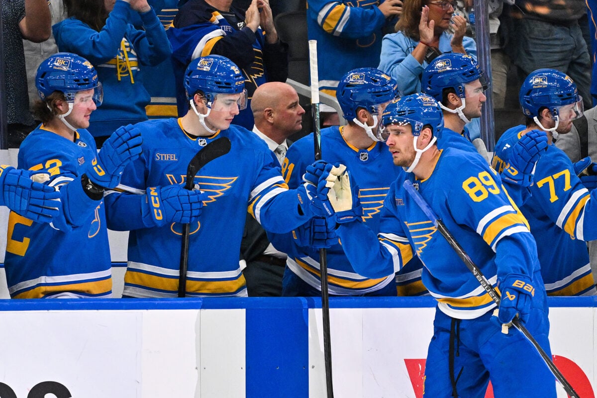 Oct 10, 2026; St. Louis, Missouri, USA; St. Louis Blues left wing Pavel Buchnevich (89) celebrates with teammates after scoring against the Columbus Blue Jackets during the third period at Enterprise Center. Mandatory Credit: Jeff Curry-Imagn Images