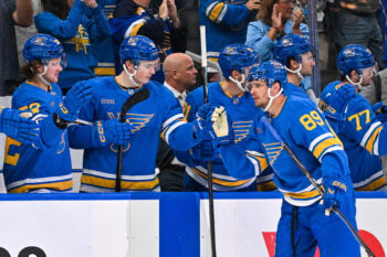 Oct 10, 2026; St. Louis, Missouri, USA; St. Louis Blues left wing Pavel Buchnevich (89) celebrates with teammates after scoring against the Columbus Blue Jackets during the third period at Enterprise Center. Mandatory Credit: Jeff Curry-Imagn Images