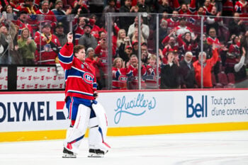 Oct 10, 2026; Montreal, Quebec, CAN;  First star of the game Montreal Canadiens goalie Jacob Fowler (32) salutes the crowd after the end of the game against the Detroit Red Wings at Bell Centre.  Mandatory Credit: David Kirouac-Imagn Images