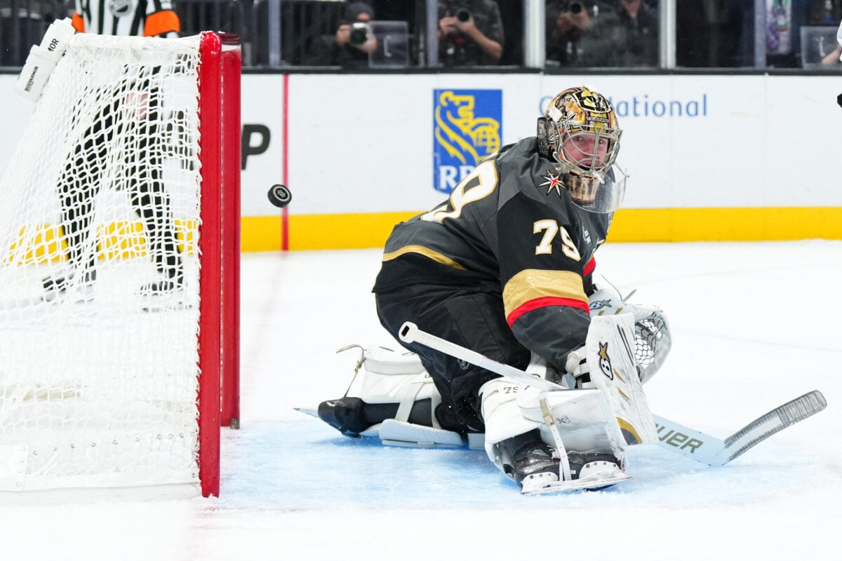 Oct 10, 2026; Las Vegas, Nevada, USA; Vegas Golden Knights goaltender Carter Hart (79) is scored on by Los Angeles Kings left wing Artemi Panarin (10)(not pictured) in the second period at T-Mobile Arena. Mandatory Credit: Candice Ward-Imagn Images