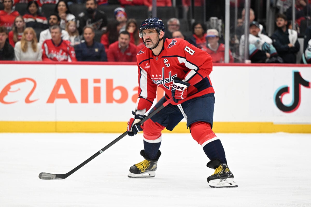 Oct 11, 2026; Washington, District of Columbia, USA; Washington Capitals left wing Alex Ovechkin (8) on the ice against the Seattle Kraken during the third period at Capital One Arena. Mandatory Credit: Brad Mills-Imagn Images