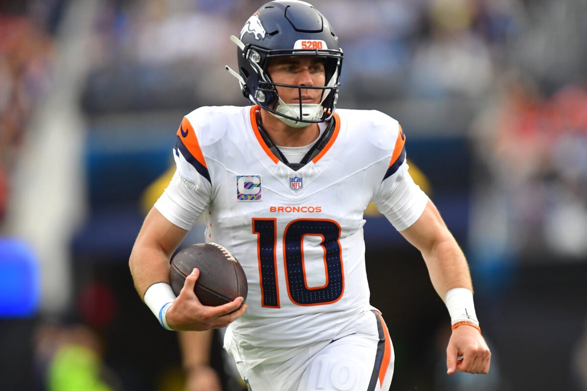 Oct 11, 2026; Inglewood, California, USA; Denver Broncos quarterback Bo Nix (10) runs the ball against the Los Angeles Chargers during the second half at SoFi Stadium. Mandatory Credit: Gary A. Vasquez-Imagn Images