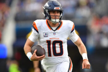 Oct 11, 2026; Inglewood, California, USA;  Denver Broncos quarterback Bo Nix (10) runs the ball against the Los Angeles Chargers during the second half at SoFi Stadium.  Mandatory Credit: Gary A. Vasquez-Imagn Images