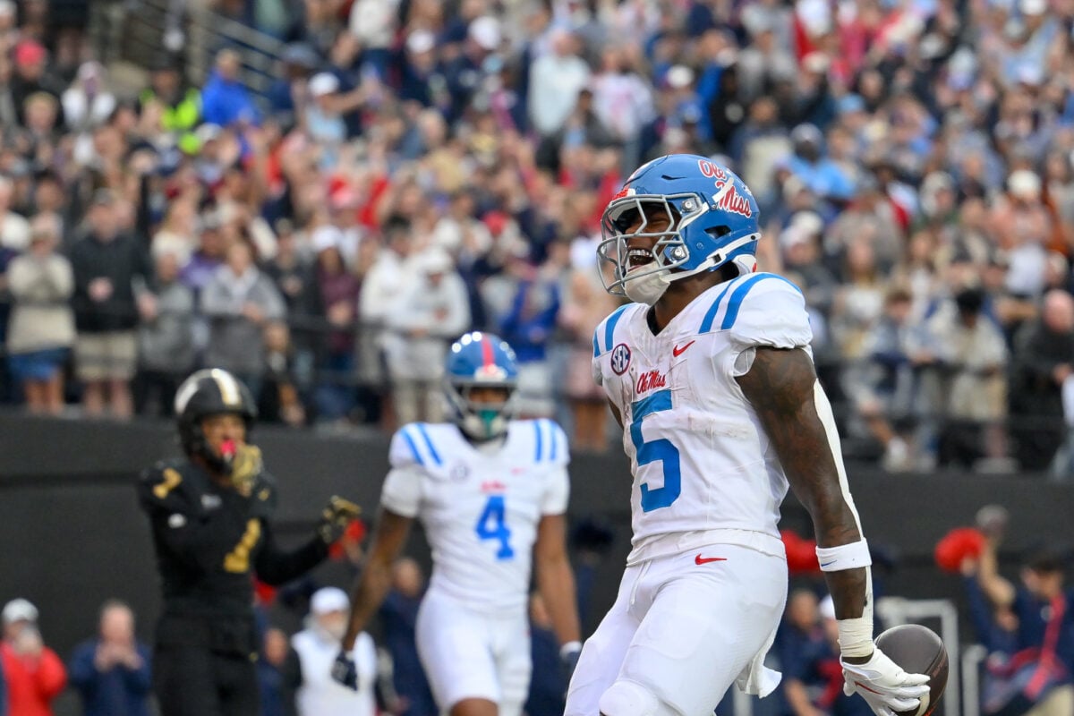 Oct 10, 2026; Nashville, Tennessee, USA;  Mississippi Rebels running back Kewan Lacy (5) celebrates his touchdown against the Vanderbilt Commodores during the first half at FirstBank Stadium. Mandatory Credit: Steve Roberts-Imagn Images