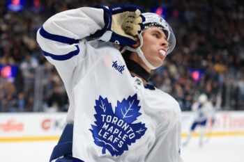 Oct 13, 2026; Salt Lake City, Utah, USA;  Toronto Maple Leafs left wing Gavin McKenna (92) celebrates a goal against the Utah Mammoth during the third period at Delta Center.  Mandatory Credit: Rob Gray-Imagn Images