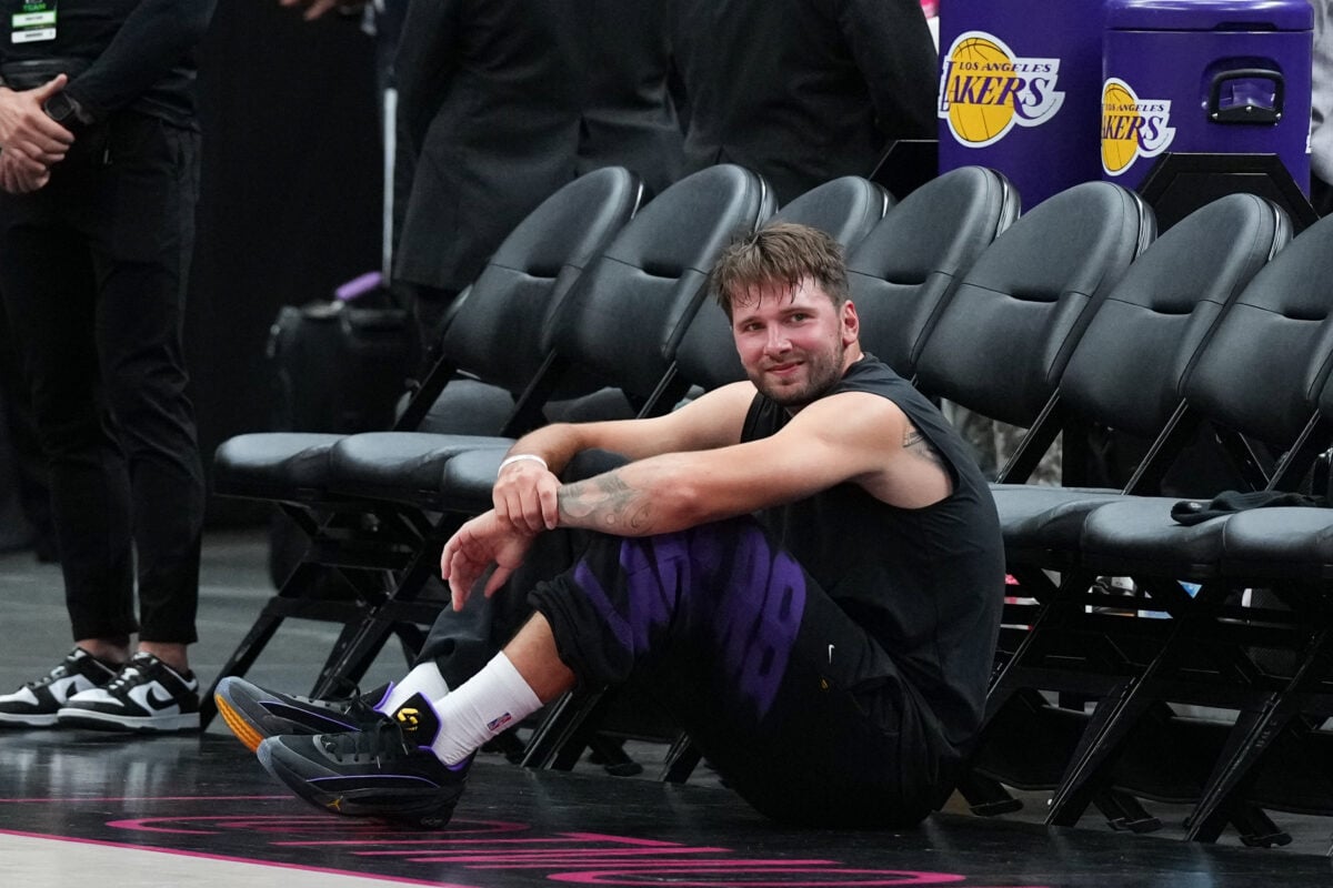Oct 13, 2026; Las Vegas, Nevada, USA; Los Angeles Lakers guard Luka Doncic (77) warms up against the Golden State Warriors at T-Mobile Arena. Mandatory Credit: Candice Ward-Imagn Images