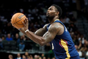 Oct 14, 2026; Dallas, Texas, USA; New Orleans Pelicans forward Zion Williamson (1) looks to shoot during the second half against the Dallas Mavericks at American Airlines Center. Mandatory Credit: Kevin Jairaj-Imagn Images