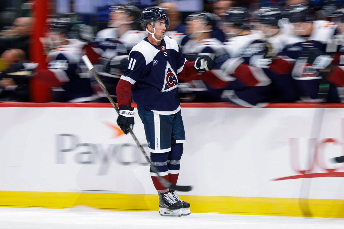 Oct 14, 2026; Denver, Colorado, USA; Colorado Avalanche center Brock Nelson (11) celebrates with the bench after his goal in the third period against the Dallas Stars at Ball Arena. Mandatory Credit: Isaiah J. Downing-Imagn Images