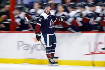 Oct 14, 2026; Denver, Colorado, USA; Colorado Avalanche center Brock Nelson (11) celebrates with the bench after his goal in the third period against the Dallas Stars at Ball Arena. Mandatory Credit: Isaiah J. Downing-Imagn Images