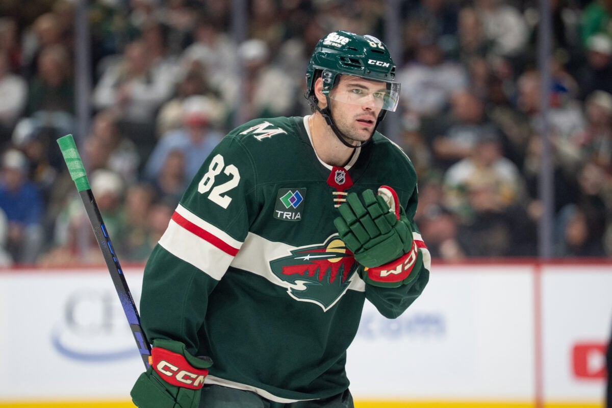 Oct 15, 2026; Saint Paul, Minnesota, USA; Minnesota Wild defenseman David Spacek (82) skates to the face-off circle against the St. Louis Blues in the third period at Grand Casino Arena. Mandatory Credit: Matt Blewett-Imagn Images