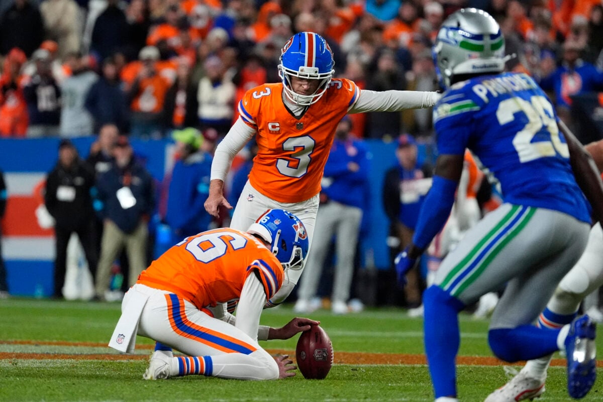 Oct 15, 2026; Denver, Colorado, USA;  Denver Broncos kicker Wil Lutz (3) kicks a field goal to defeat the the Seattle Seahawks in overtime at Empower Field at Mile High.  Mandatory Credit: Ron Chenoy-Imagn Images