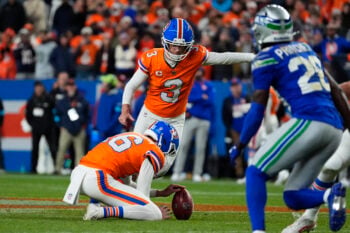 Oct 15, 2026; Denver, Colorado, USA;  Denver Broncos kicker Wil Lutz (3) kicks a field goal to defeat the the Seattle Seahawks in overtime at Empower Field at Mile High.  Mandatory Credit: Ron Chenoy-Imagn Images