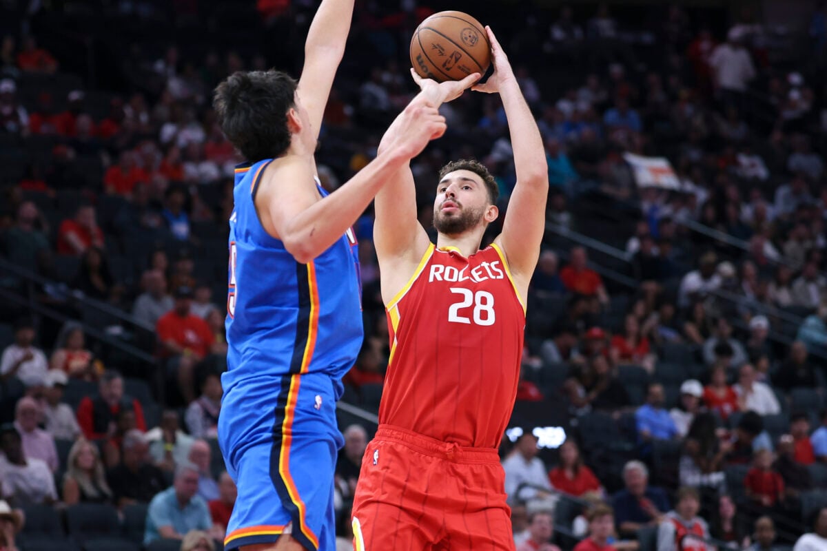 Oct 15, 2026; Houston, Texas, USA; Houston Rockets center Alperen Sengun (28) shoots the ball during the game against the Oklahoma City Thunder at Toyota Center. Mandatory Credit: Troy Taormina-Imagn Images