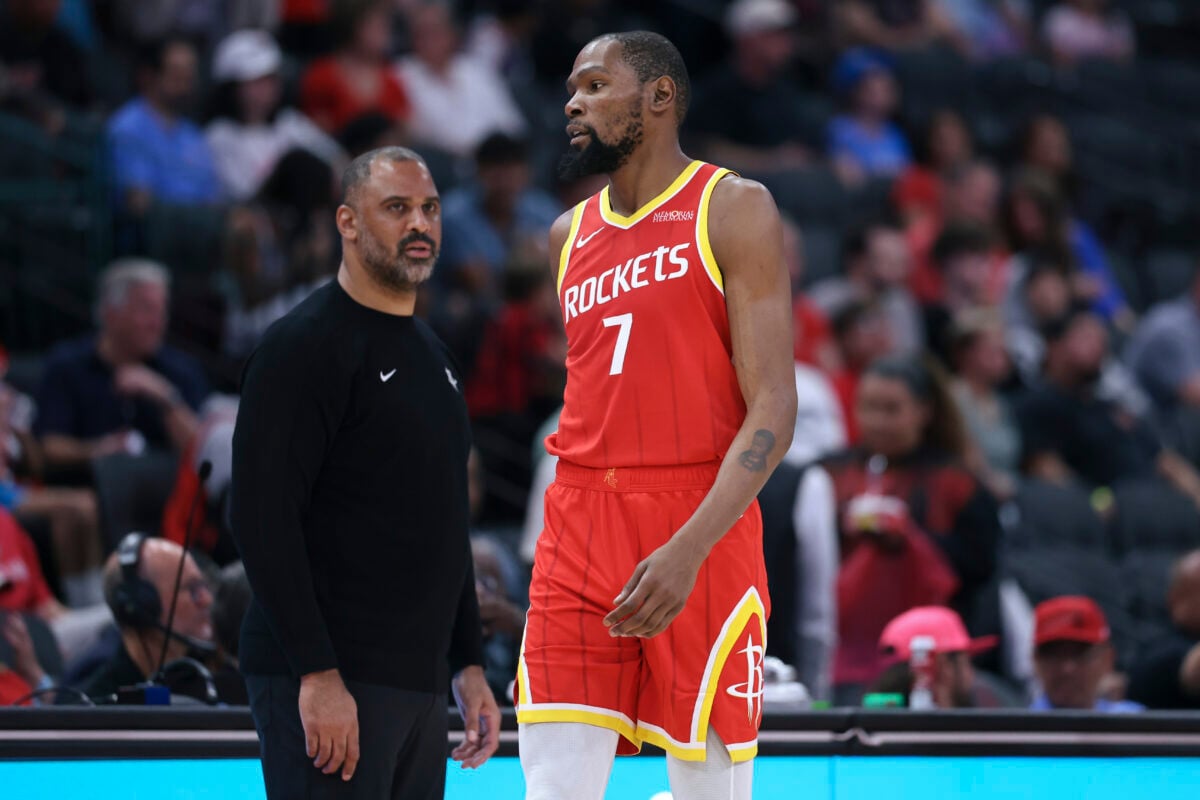 Oct 15, 2026; Houston, Texas, USA; Houston Rockets forward Kevin Durant (7) walks past Head Coach Ime Udoka during the game against the Oklahoma City Thunder at Toyota Center. Mandatory Credit: Troy Taormina-Imagn Images