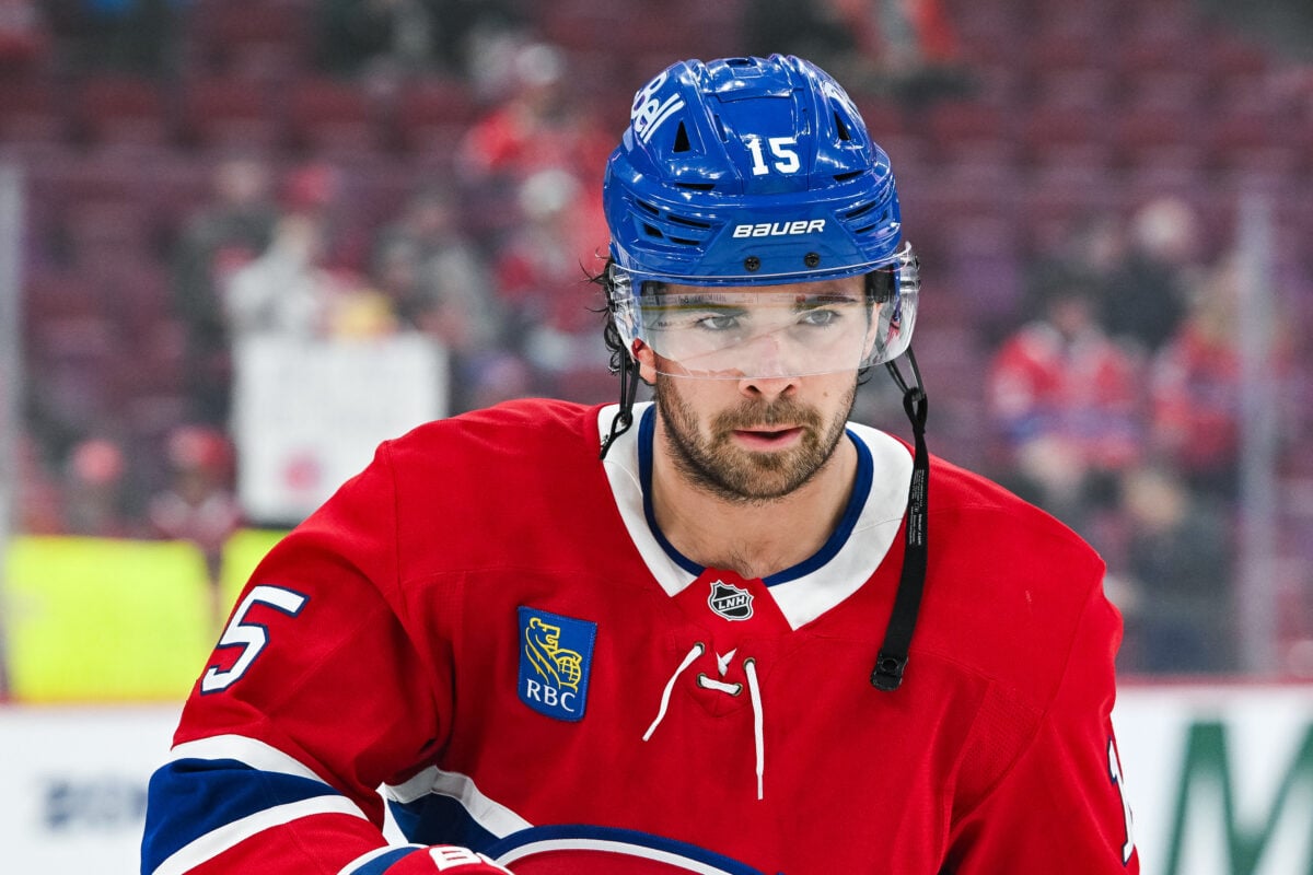 Oct 13, 2026; Montreal, Quebec, CAN; Montreal Canadiens center Alex Newhook (15) looks on during warm-up before the game against the Buffalo Sabres at Bell Centre. Mandatory Credit: David Kirouac-Imagn Images