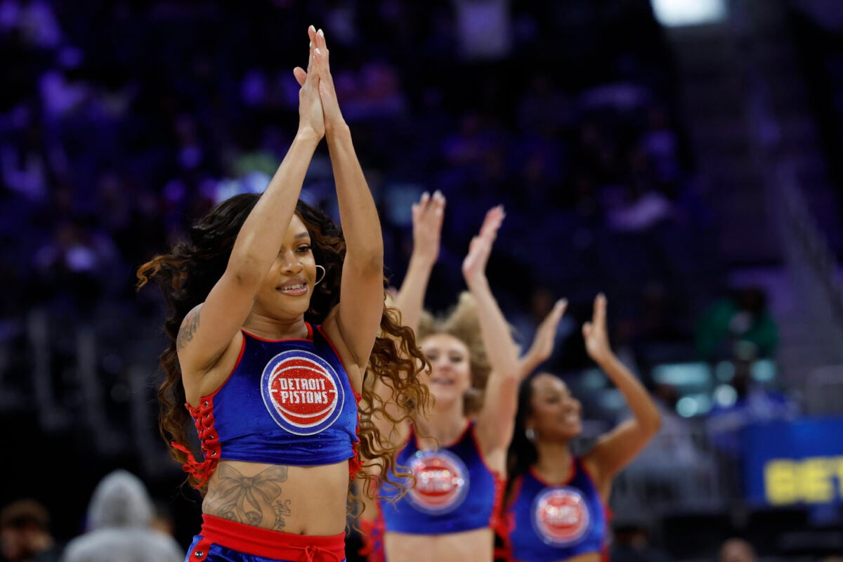 Oct 16, 2026; Detroit, Michigan, USA; Detroit Pistons dancers perform during a time out in the second half against the Toronto Raptors at Little Caesars Arena. Mandatory Credit: Rick Osentoski-Imagn Images