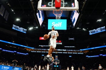 Oct 16, 2026; San Antonio, Texas, USA;  San Antonio Spurs guard Stephon Castle (5) goes up to dunk during the first half against the Sacramento Kings at Frost Bank Center.  Mandatory Credit: Scott Wachter-Imagn Images