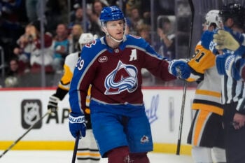 Oct 16, 2026; Denver, Colorado, USA;  Colorado Avalanche center Nathan MacKinnon (29) following his goal in the third period against the Pittsburgh Penguins at Ball Arena.  Mandatory Credit: Ron Chenoy-Imagn Images