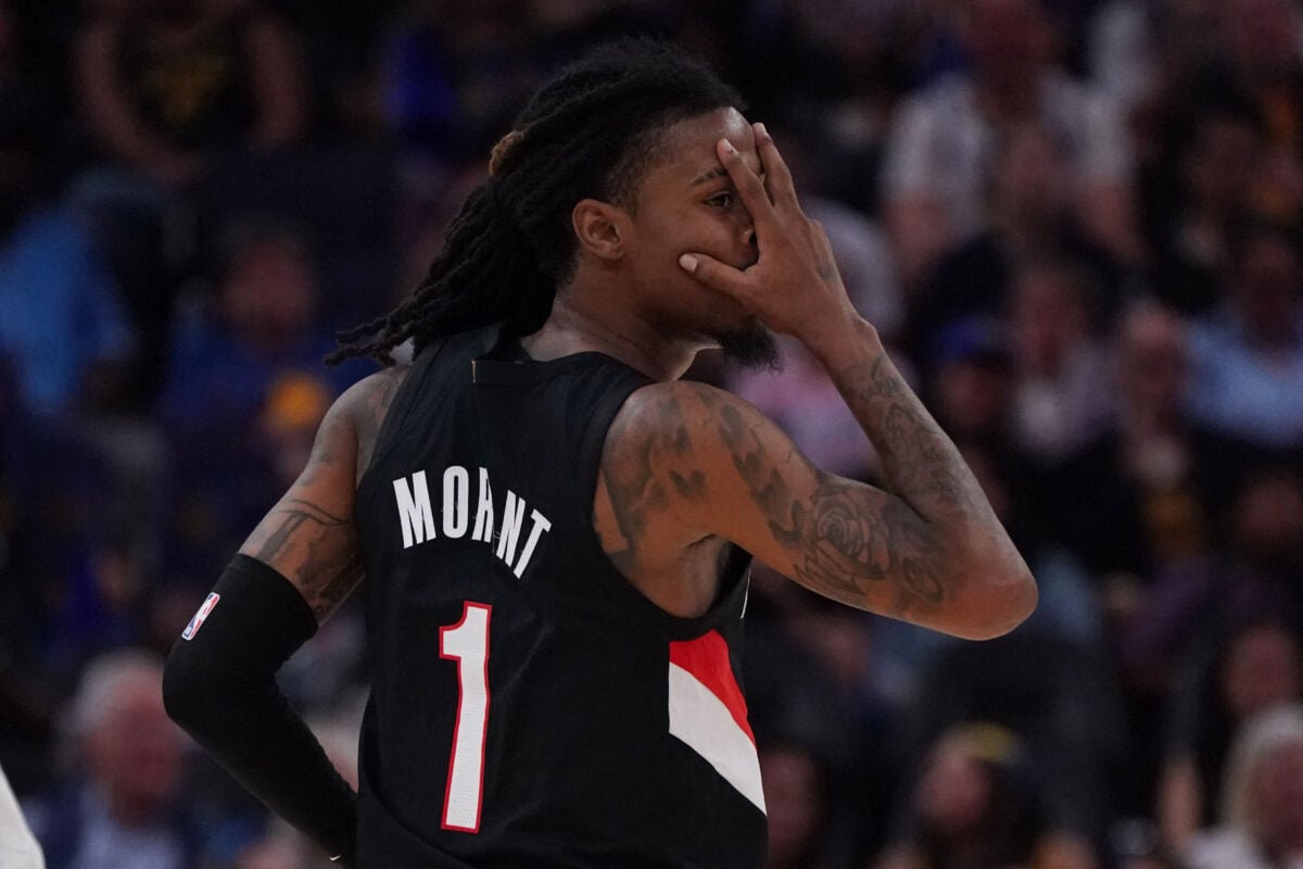 Oct 16, 2026; San Francisco, California, USA;  Portland Trail Blazers guard Ja Morant (1) makes a three-point shot against the Golden State Warriors in the third quarter at Chase Center.  Mandatory Credit: David Gonzales-Imagn Images