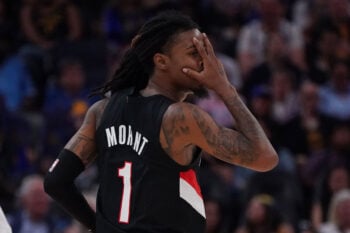 Oct 16, 2026; San Francisco, California, USA;  Portland Trail Blazers guard Ja Morant (1) makes a three-point shot against the Golden State Warriors in the third quarter at Chase Center.  Mandatory Credit: David Gonzales-Imagn Images