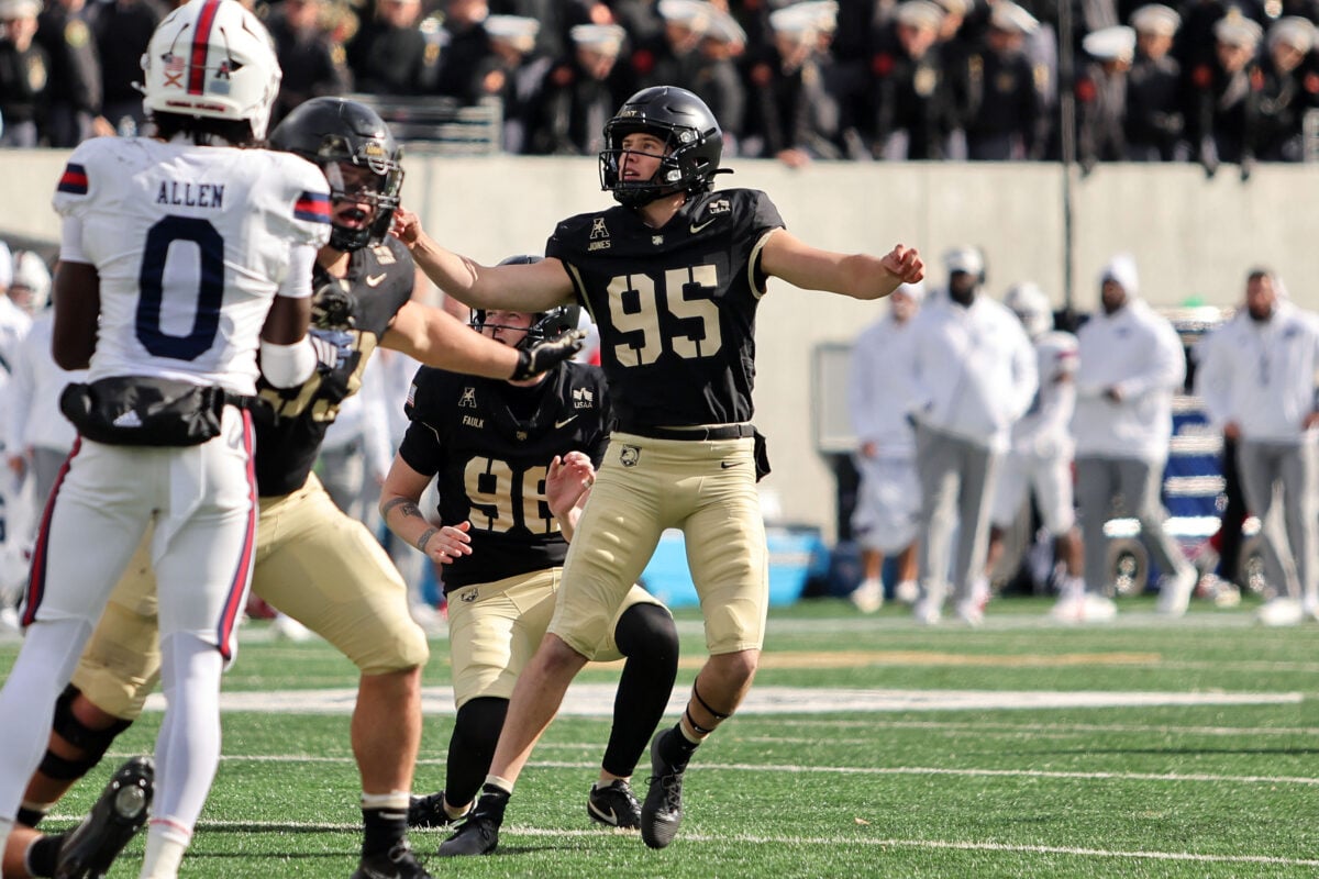 Oct 17, 2026; West Point, New York, USA; Army Black Knights kicker Dawson Jones (95) kicks an extra point against the Florida Atlantic Owls during the second half at Michie Stadium. Mandatory Credit: Danny Wild-Imagn Images