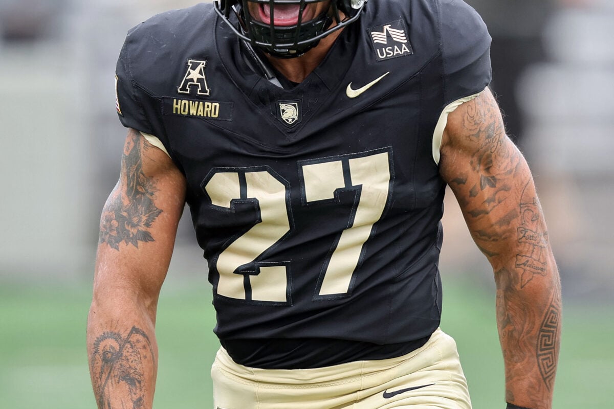 Oct 17, 2026; West Point, New York, USA;  Army Black Knights wide receiver Samari Howard (27) celebrates his touchdown against the Florida Atlantic Owls during the first half at Michie Stadium.  Mandatory Credit: Danny Wild-Imagn Images