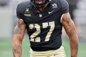 Oct 17, 2026; West Point, New York, USA;  Army Black Knights wide receiver Samari Howard (27) celebrates his touchdown against the Florida Atlantic Owls during the first half at Michie Stadium.  Mandatory Credit: Danny Wild-Imagn Images