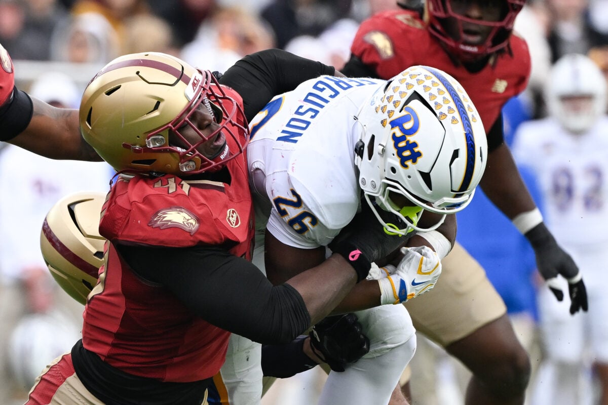 Oct 17, 2026; Chestnut Hill, MA, USA; Boston College Eagles defensive lineman Favor Bate (41) tackles Pittsburgh Panthers running back Damon Ferguson Jr. (26) during the second half at Alumni Stadium. Mandatory Credit: Eric Canha-Imagn Images