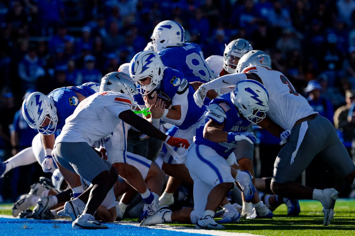 Oct 17, 2026; Colorado Springs, Colorado, USA; Air Force Falcons quarterback Evan Medders (5) runs for a touchdown in the fourth quarter against the UNLV Rebels at Falcon Stadium. Mandatory Credit: Isaiah J. Downing-Imagn Images