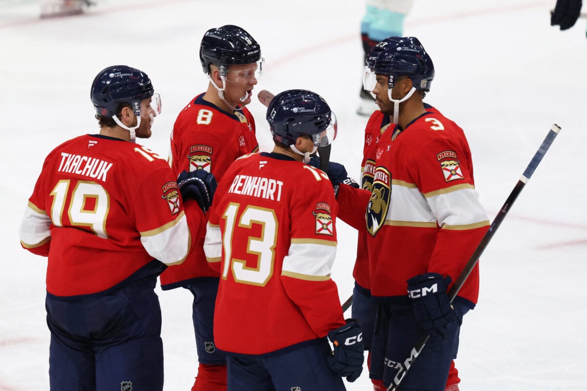 Oct 17, 2026; Sunrise, Florida, USA; Florida Panthers left wing Matthew Tkachuk (19), left wing Brady Tkachuk (8), center Sam Reinhart (13), and defenseman Seth Jones (3) celebrate goal during the third period against the Seattle Kraken at Amerant Bank Arena. Mandatory Credit: Isabella Frias-Imagn Images