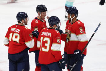 Oct 17, 2026; Sunrise, Florida, USA;  Florida Panthers left wing Matthew Tkachuk (19), left wing Brady Tkachuk (8), center Sam Reinhart (13), and defenseman Seth Jones (3) celebrate goal during the third period against the Seattle Kraken at Amerant Bank Arena.  Mandatory Credit: Isabella Frias-Imagn Images