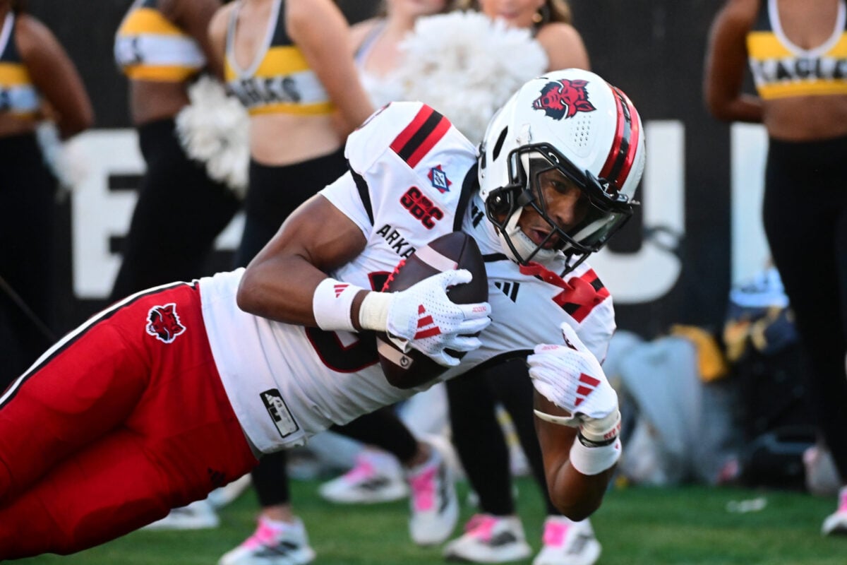 Arkansas State Red Wolves wide receiver Hunter Summers (3) falls out of the back of the end zone during the college football game between the Southern Miss Golden Eagles and the Arkansas State Red Wolves at Carlisle-Faulkner Field at Renasant Stadium in Hattiesburg, Miss., on Saturday, Oct. 17, 2026.