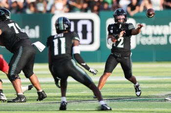 Oct 17, 2026; Honolulu, Hawaii, USA;  Hawaii Rainbow Warriors quarterback Micah Alejado (12) makes a pass to wide receiver Devin Alves (11) against the New Mexico Lobos during the second quarter at the Clarence T.C. Ching Athletics Complex.  Mandatory Credit: Marco Garcia-Imagn Images