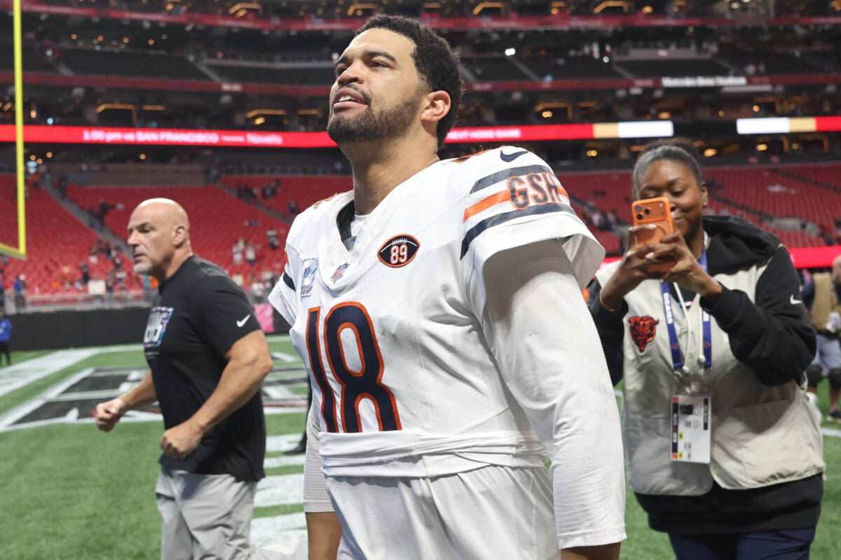 Oct 18, 2026; Atlanta, Georgia, USA;  Chicago Bears quarterback Caleb Williams (18) walks off the field after the game against the Atlanta Falcons at Mercedes-Benz Stadium.  Mandatory Credit: Brett Davis-Imagn Images