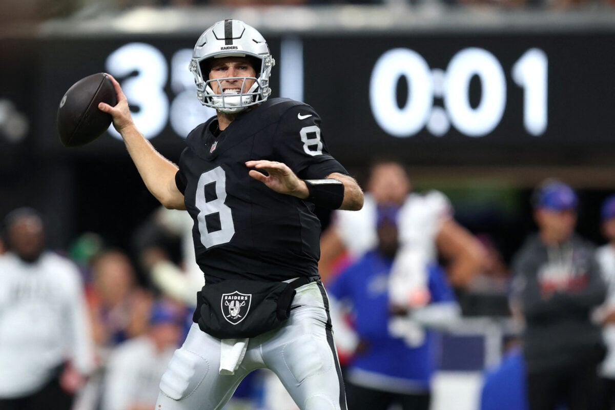 Oct 18, 2026; Paradise, Nevada, USA;  Las Vegas Raiders quarterback Kirk Cousins (8) throws a pass in the third quarter against the Buffalo Bills at Allegiant Stadium.  Mandatory Credit: David Brytus-Imagn Images
