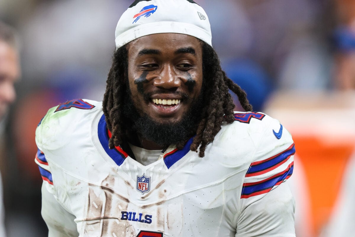 Oct 18, 2026; Paradise, Nevada, USA; Buffalo Bills running back James Cook III (4) on the sidelines against the Las Vegas Raiders during the fourth quarter at Allegiant Stadium. Mandatory Credit: Christopher Trim-Imagn Images