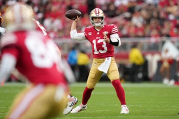 Oct 19, 2026; Santa Clara, California, USA;  San Francisco 49ers quarterback Brock Purdy (13) throws a pass during the first quarter against the Washington Commanders at Levi's Stadium.  Mandatory Credit: Cary Edmondson-Imagn Images