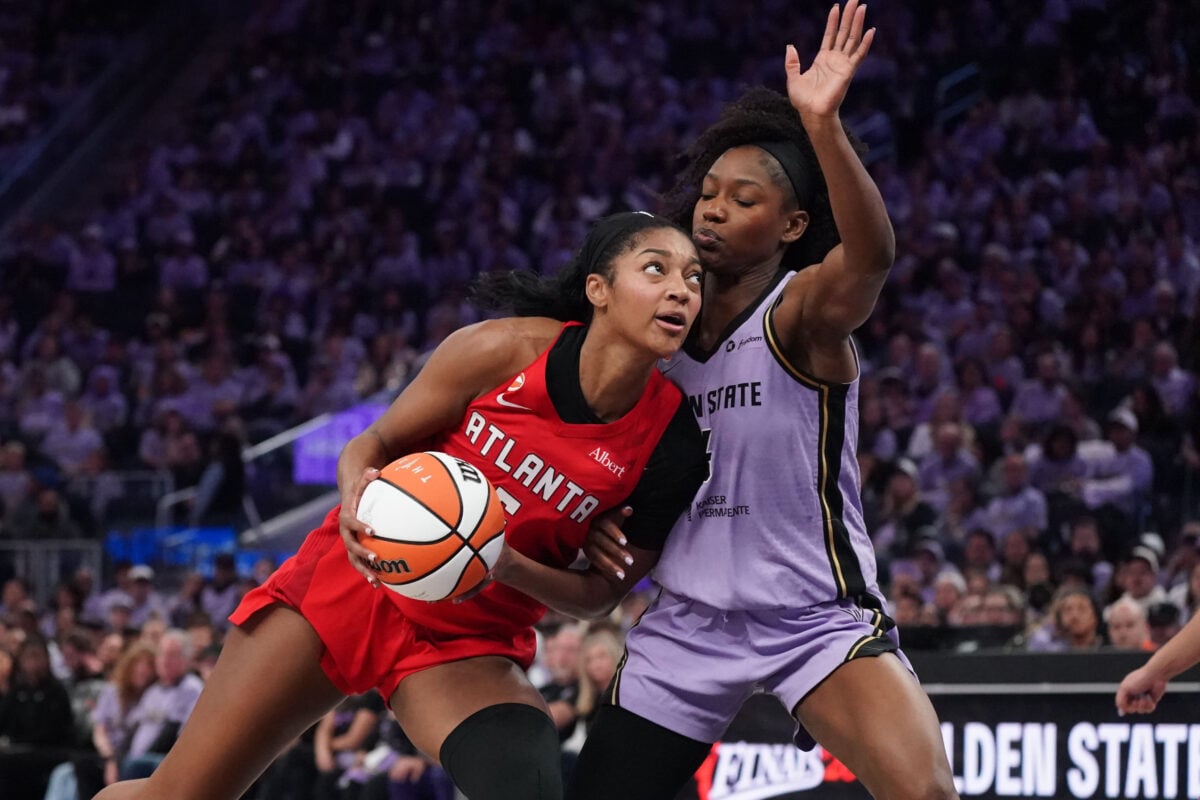 Oct 19, 2026; San Francisco, California, USA;  Atlanta Dream forward Angel Reese (5) dribbles against Golden State Valkyries guard-forward Kaila Charles (6) in the fourth quarter of game two of the 2026 WNBA Finals at Chase Center.  Mandatory Credit: David Gonzales-Imagn Images
