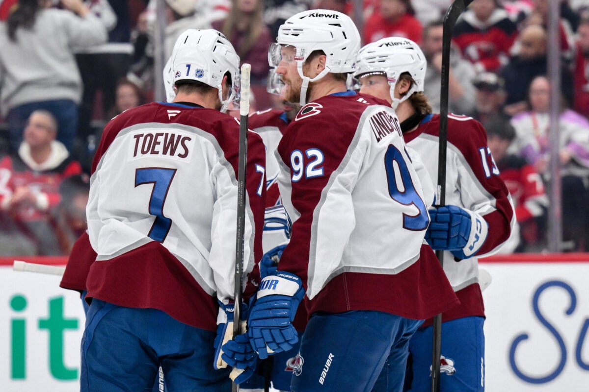 Oct 20, 2026; Newark, New Jersey, USA;  Colorado Avalanche left wing Gabriel Landeskog (92) celebrates with teammates after scoring a goal against the New Jersey Devils during the first period at Prudential Center.  Mandatory Credit: John Jones-Imagn Images