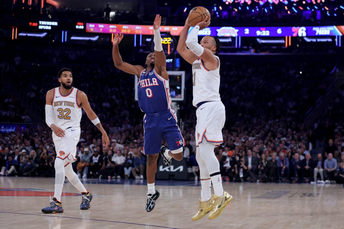 Oct 20, 2026; New York, New York, USA; New York Knicks guard Jalen Brunson (11) takes a shot against Philadelphia 76ers guard Tyrese Maxey (0) during the first quarter at Madison Square Garden. Mandatory Credit: Brad Penner-Imagn Images
