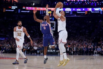 Oct 20, 2026; New York, New York, USA; New York Knicks guard Jalen Brunson (11) takes a shot against Philadelphia 76ers guard Tyrese Maxey (0) during the first quarter at Madison Square Garden. Mandatory Credit: Brad Penner-Imagn Images