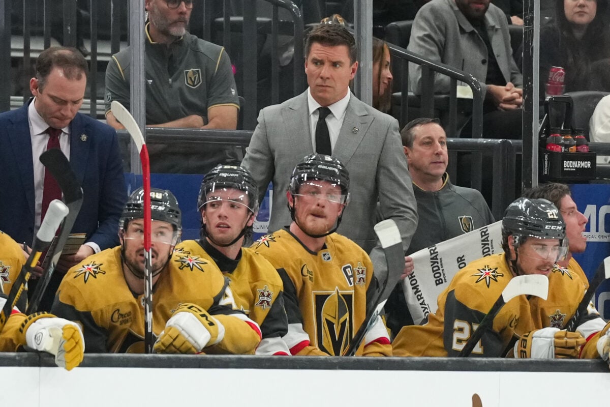 Oct 20, 2026; Las Vegas, Nevada, USA;  Vegas Golden Knights head coach Ryan Craig looks on in the third period of the game against the against the Tampa Bay Lightning at T-Mobile Arena.  Mandatory Credit: Candice Ward-Imagn Images